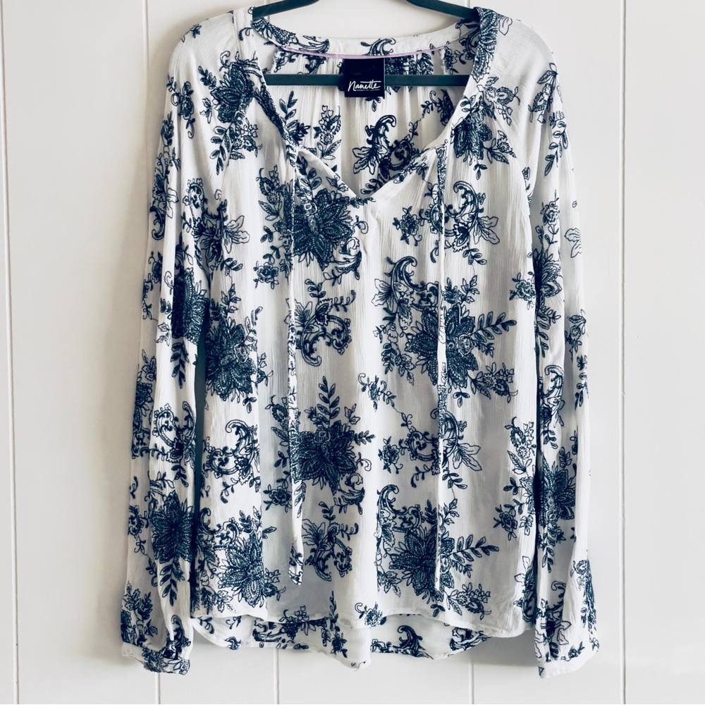 Nanette Lepore Embroidered Blue White Peasant Top L Boho - Picture 3 of 6